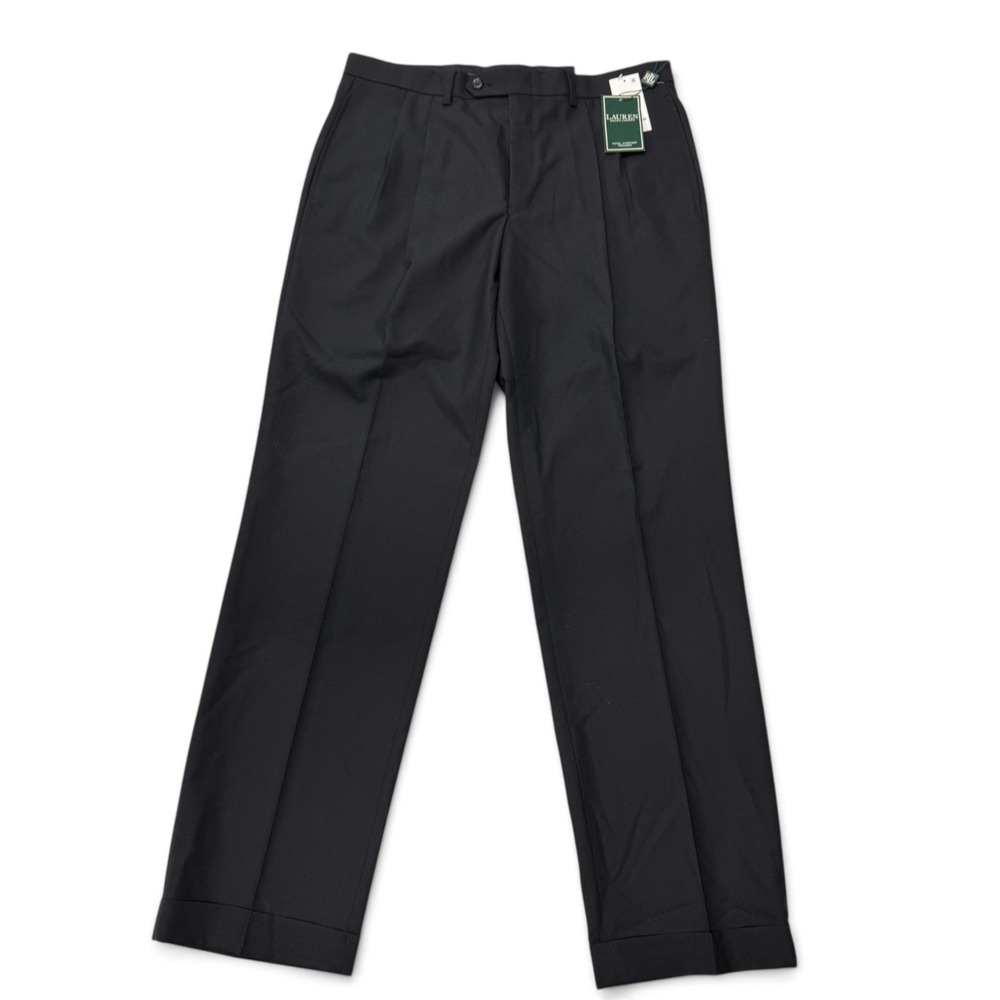 Lauren Ralph Lauren Mens 34x32 Black 100% Wool Pleated Cuffed Dress Pants NWT
